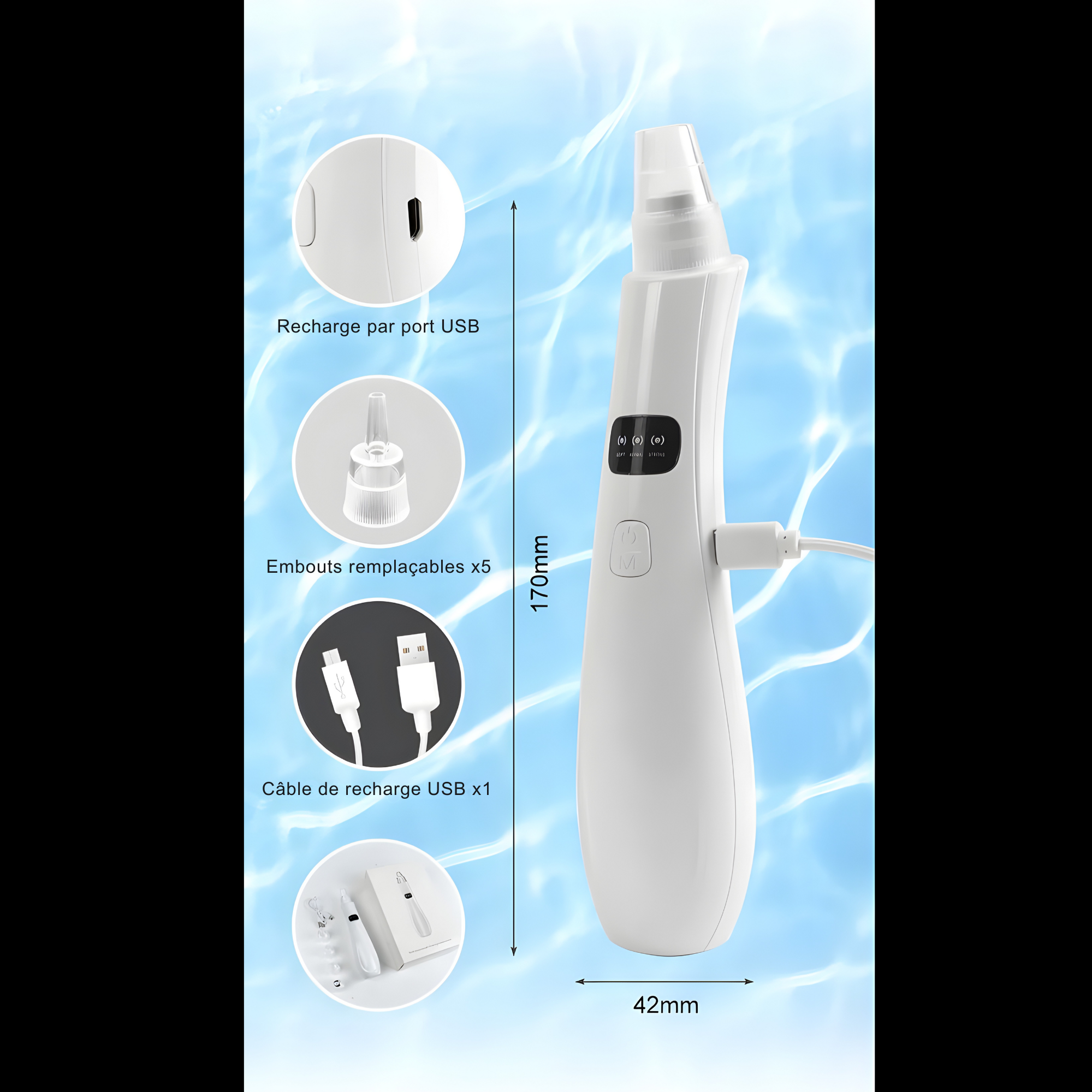 Aspirateur Points Noirs Électrique– Nettoyeur de Pores 3 Modes avec Embouts